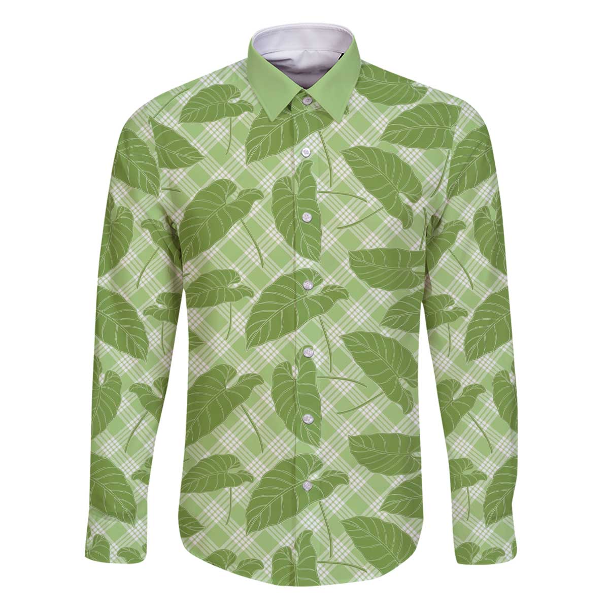 Green Hawaii Kalo Palaka Motifs Family Matching Off The Shoulder Long Sleeve Dress and Hawaiian Shirt Hawaiian Taro Leaves Elegant Vibes - Polynesian Pride