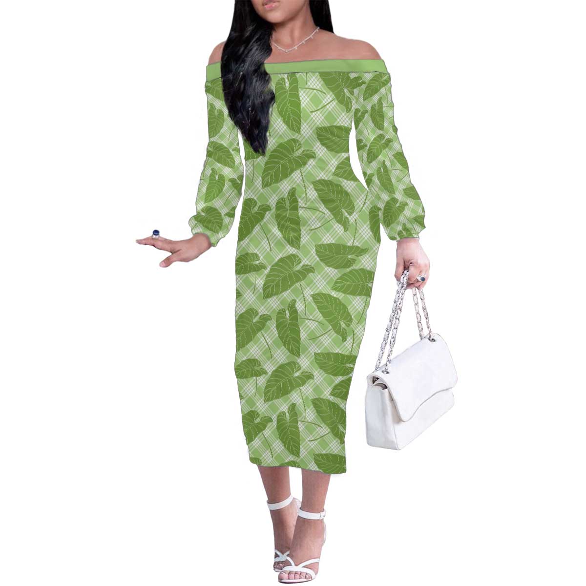 Green Hawaii Kalo Palaka Motifs Family Matching Off The Shoulder Long Sleeve Dress and Hawaiian Shirt Hawaiian Taro Leaves Elegant Vibes - Polynesian Pride