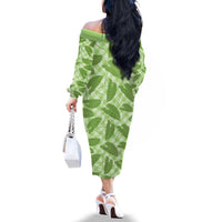 Green Hawaii Kalo Palaka Motifs Family Matching Off The Shoulder Long Sleeve Dress and Hawaiian Shirt Hawaiian Taro Leaves Elegant Vibes - Polynesian Pride