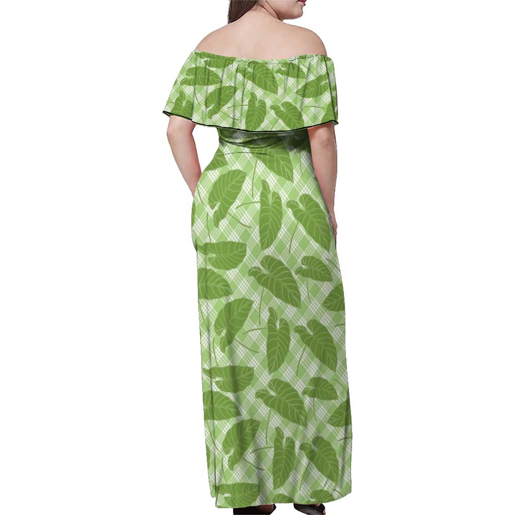 Green Hawaii Kalo Palaka Motifs Family Matching Off Shoulder Maxi Dress and Hawaiian Shirt Hawaiian Taro Leaves Elegant Vibes - Polynesian Pride