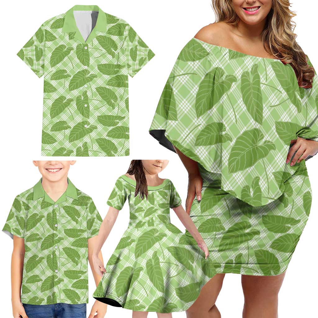 Green Hawaii Kalo Palaka Motifs Family Matching Off Shoulder Short Dress and Hawaiian Shirt Hawaiian Taro Leaves Elegant Vibes - Polynesian Pride
