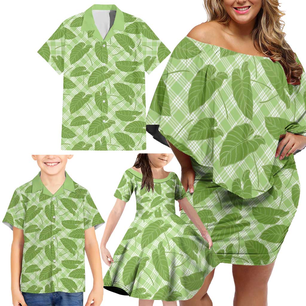 Green Hawaii Kalo Palaka Motifs Family Matching Off Shoulder Short Dress and Hawaiian Shirt Hawaiian Taro Leaves Elegant Vibes - Polynesian Pride