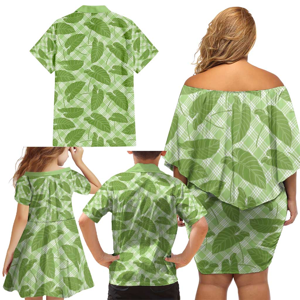 Green Hawaii Kalo Palaka Motifs Family Matching Off Shoulder Short Dress and Hawaiian Shirt Hawaiian Taro Leaves Elegant Vibes - Polynesian Pride