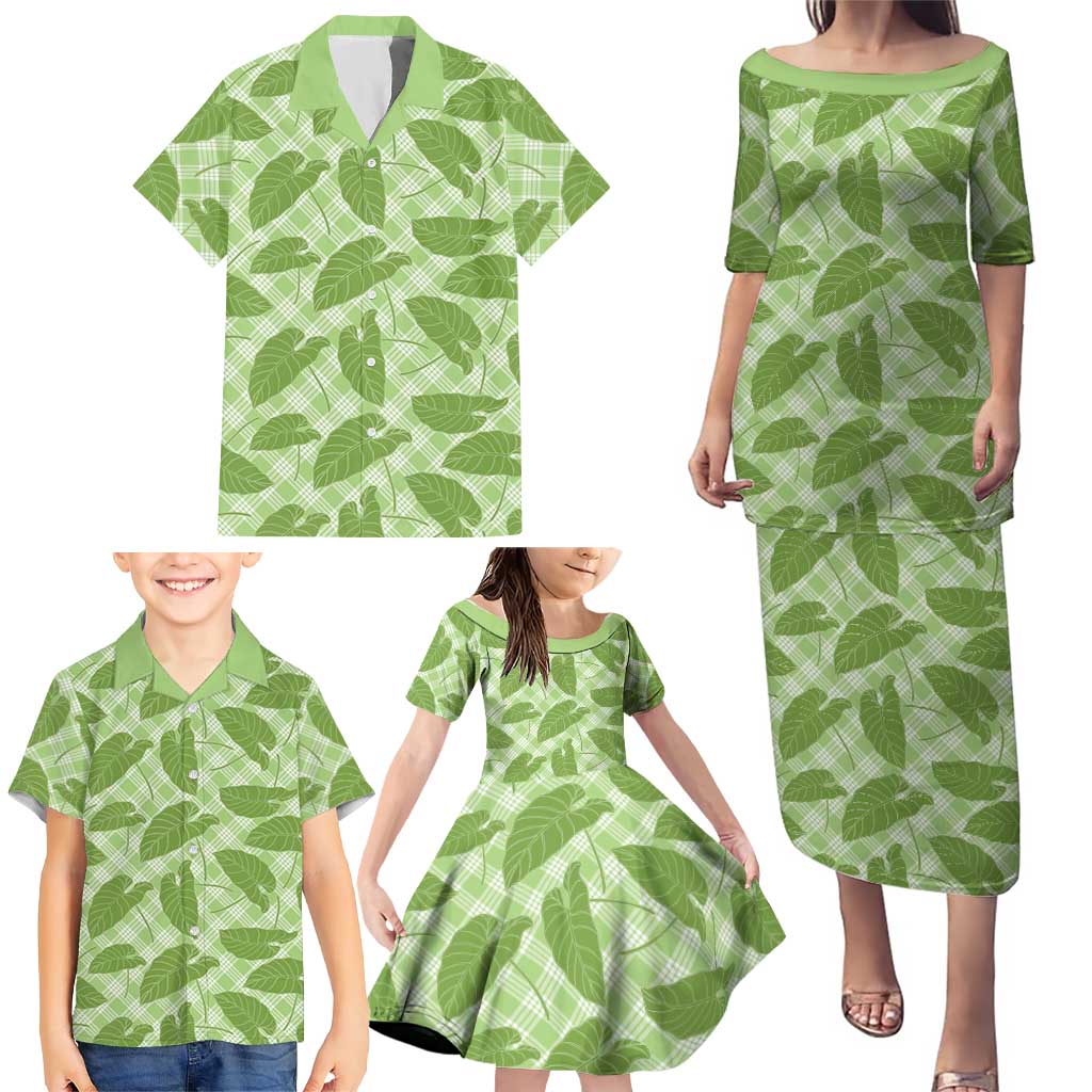 Green Hawaii Kalo Palaka Motifs Family Matching Puletasi and Hawaiian Shirt Hawaiian Taro Leaves Elegant Vibes - Polynesian Pride