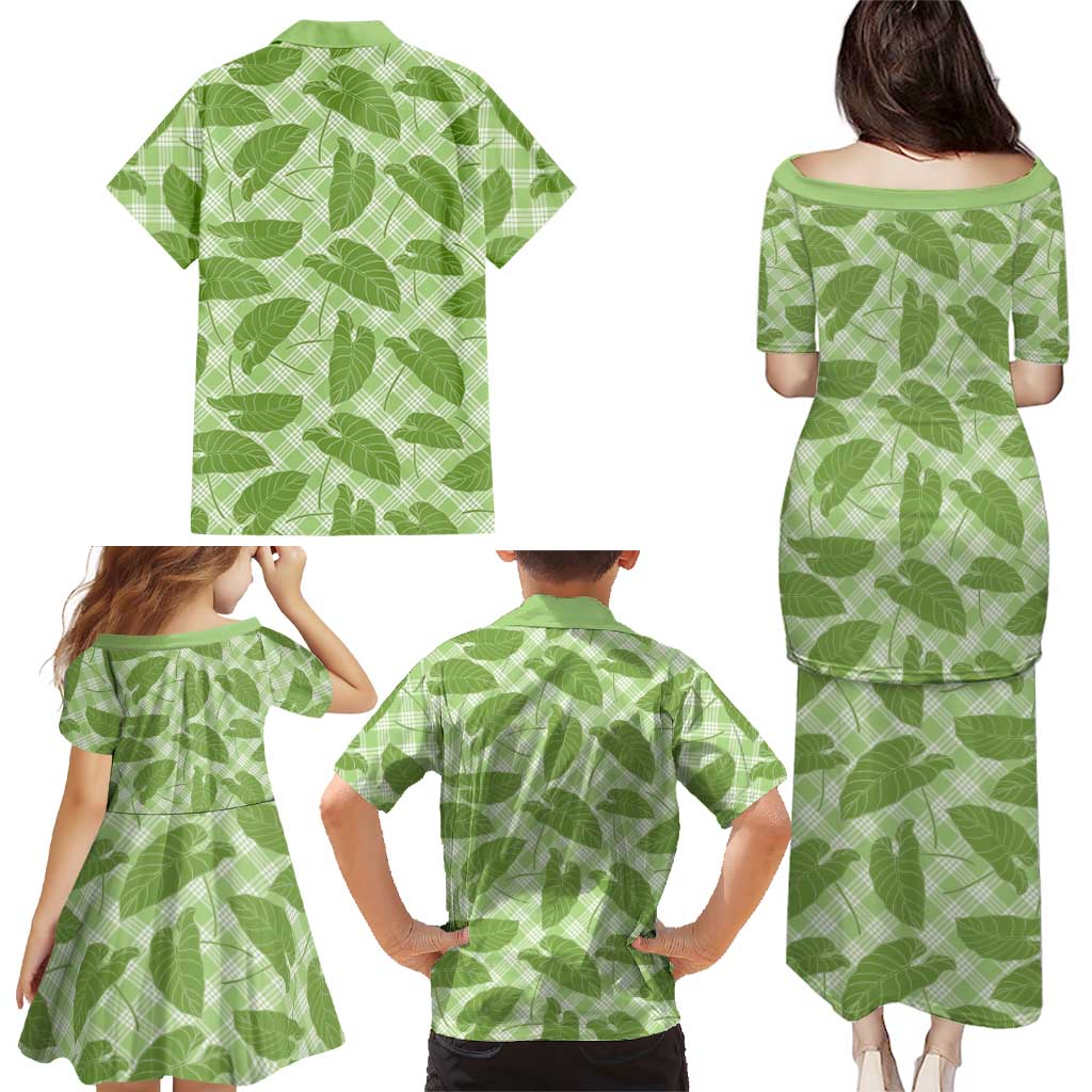 Green Hawaii Kalo Palaka Motifs Family Matching Puletasi and Hawaiian Shirt Hawaiian Taro Leaves Elegant Vibes - Polynesian Pride