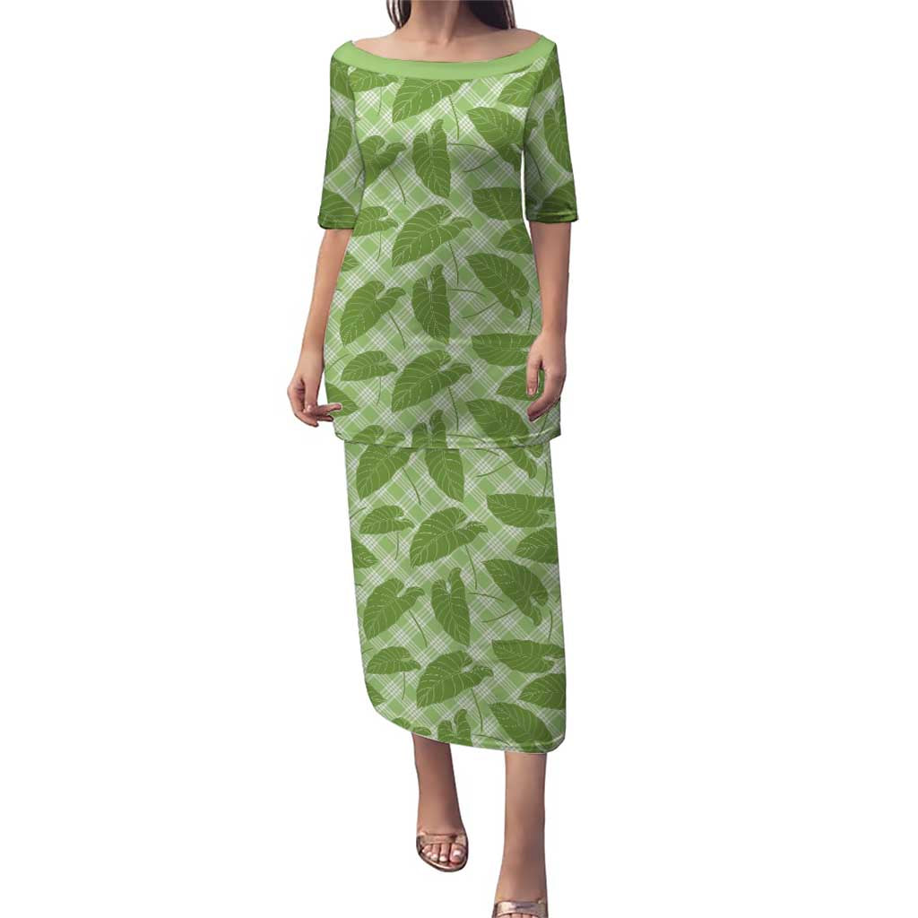Green Hawaii Kalo Palaka Motifs Family Matching Puletasi and Hawaiian Shirt Hawaiian Taro Leaves Elegant Vibes - Polynesian Pride
