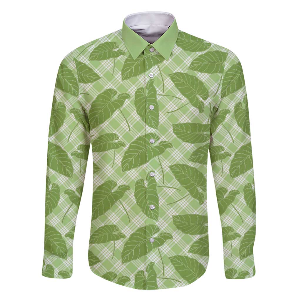 Green Hawaii Kalo Palaka Motifs Family Matching Short Sleeve Bodycon Dress and Hawaiian Shirt Hawaiian Taro Leaves Elegant Vibes - Polynesian Pride