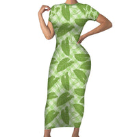 Green Hawaii Kalo Palaka Motifs Family Matching Short Sleeve Bodycon Dress and Hawaiian Shirt Hawaiian Taro Leaves Elegant Vibes - Polynesian Pride