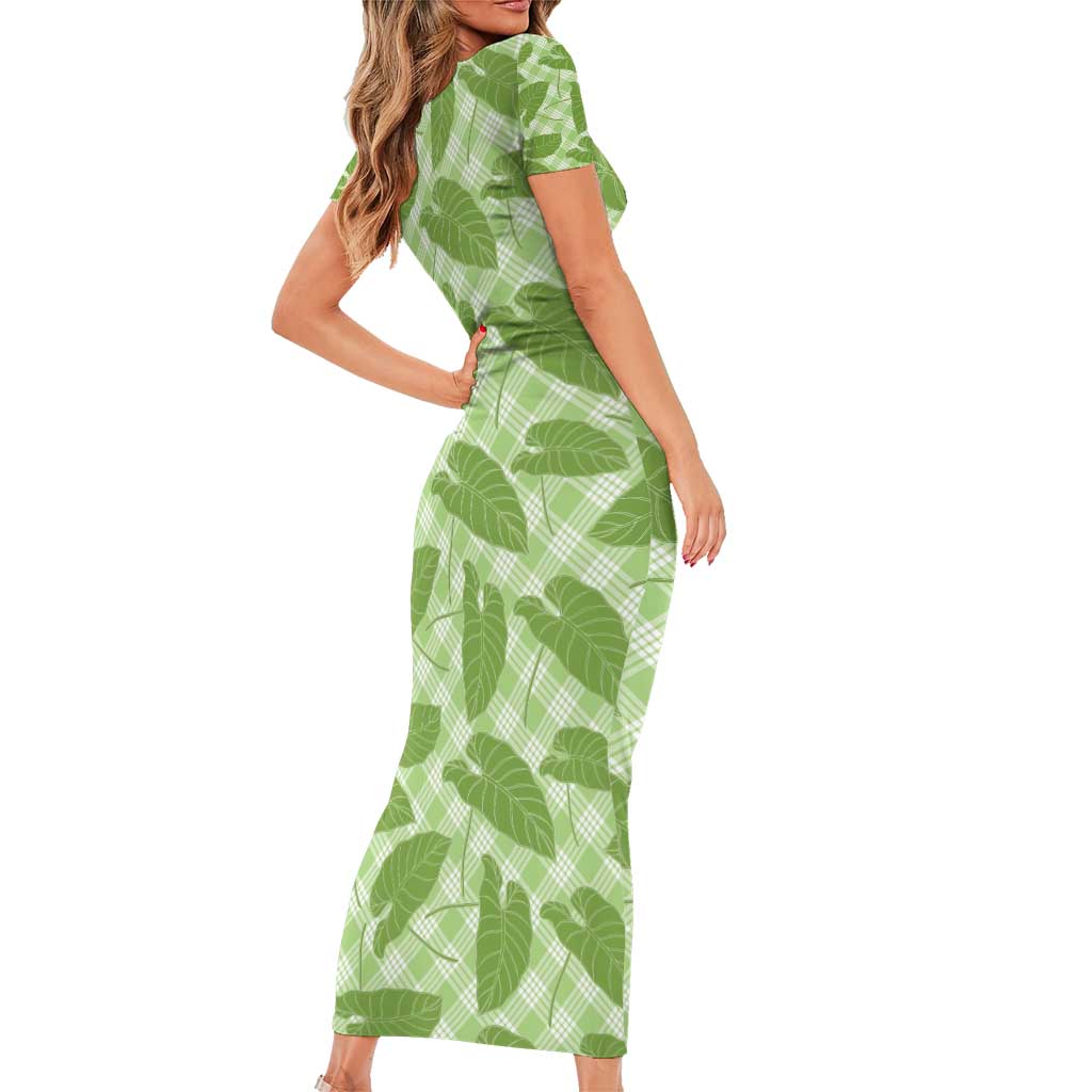 Green Hawaii Kalo Palaka Motifs Family Matching Short Sleeve Bodycon Dress and Hawaiian Shirt Hawaiian Taro Leaves Elegant Vibes - Polynesian Pride