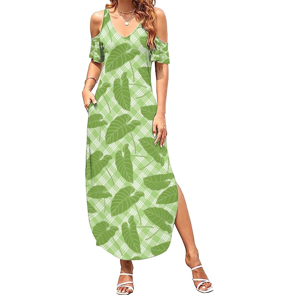 Green Hawaii Kalo Palaka Motifs Family Matching Summer Maxi Dress and Hawaiian Shirt Hawaiian Taro Leaves Elegant Vibes - Polynesian Pride