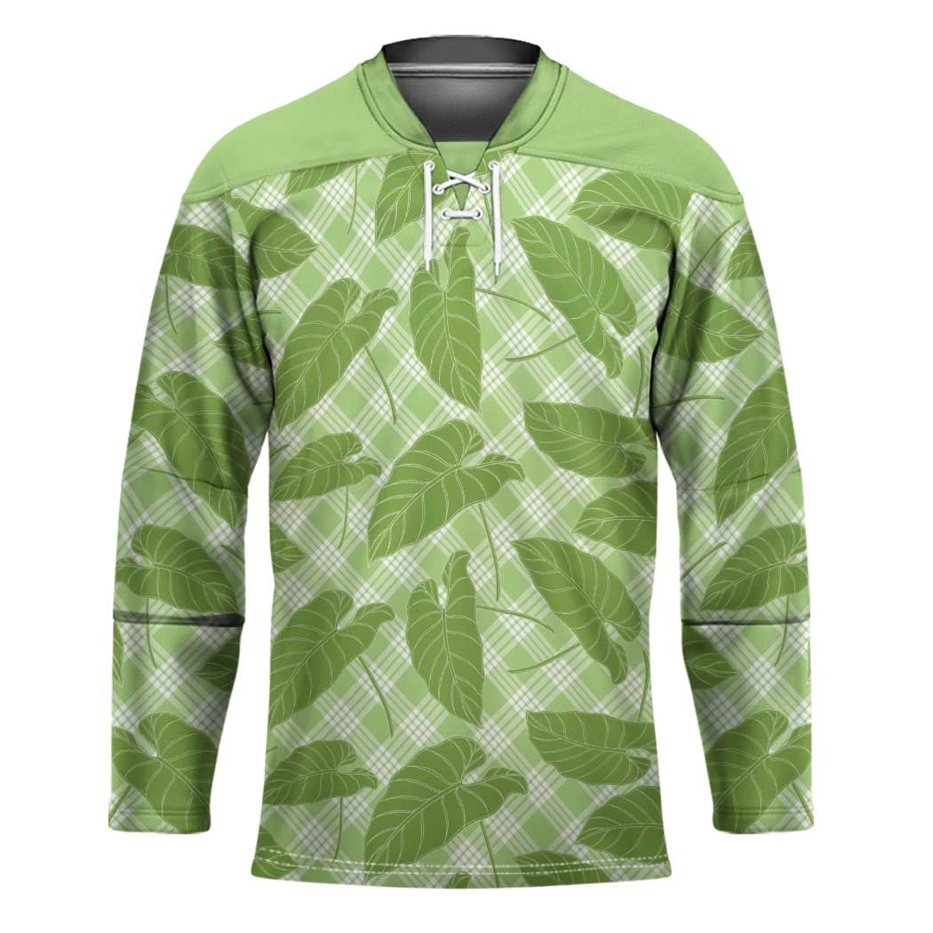 Green Hawaii Kalo Palaka Motifs Hockey Jersey Hawaiian Taro Leaves Elegant Vibes - Polynesian Pride