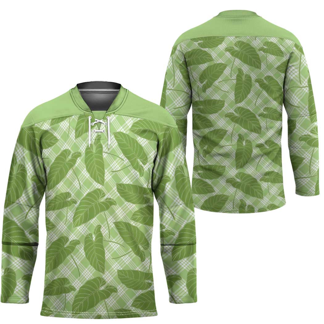 Green Hawaii Kalo Palaka Motifs Hockey Jersey Hawaiian Taro Leaves Elegant Vibes - Polynesian Pride