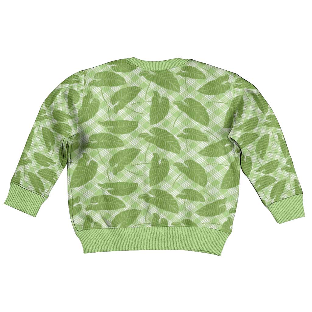 Green Hawaii Kalo Palaka Motifs Kid Ugly Christmas Sweater Hawaiian Taro Leaves Elegant Vibes - Polynesian Pride