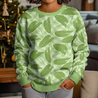Green Hawaii Kalo Palaka Motifs Kid Ugly Christmas Sweater Hawaiian Taro Leaves Elegant Vibes - Polynesian Pride