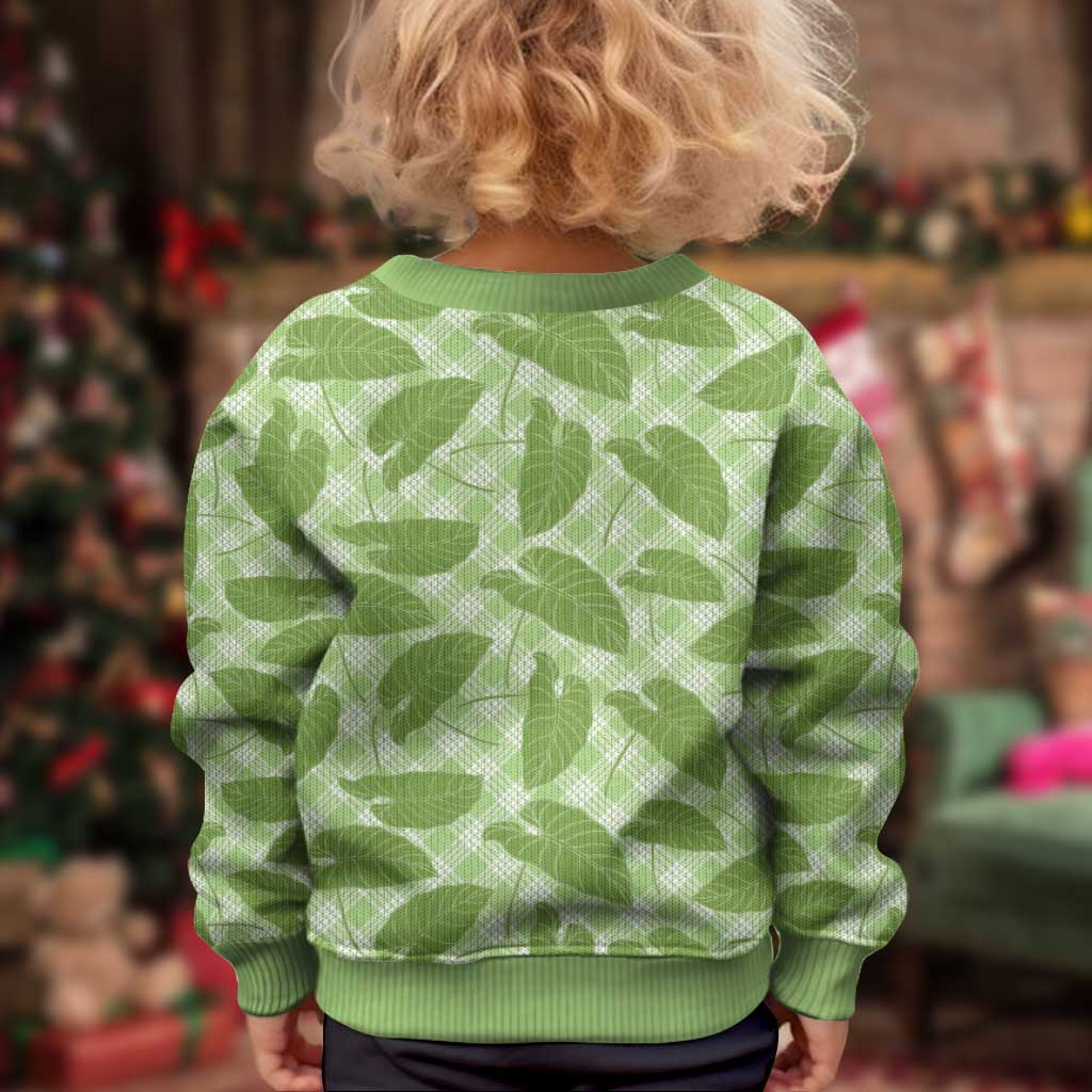 Green Hawaii Kalo Palaka Motifs Kid Ugly Christmas Sweater Hawaiian Taro Leaves Elegant Vibes - Polynesian Pride