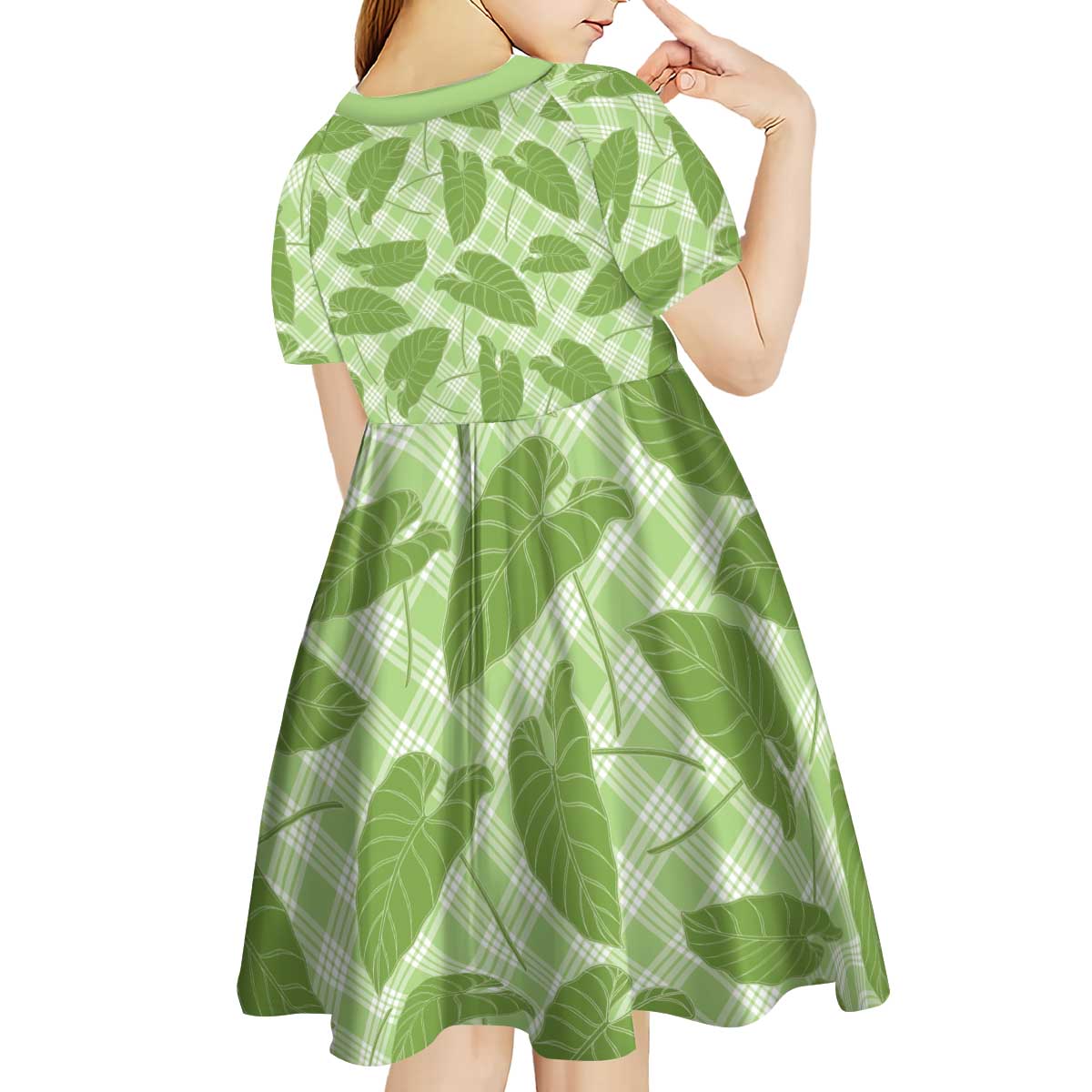 Green Hawaii Kalo Palaka Motifs Kid Short Sleeve Dress Hawaiian Taro Leaves Elegant Vibes - Polynesian Pride
