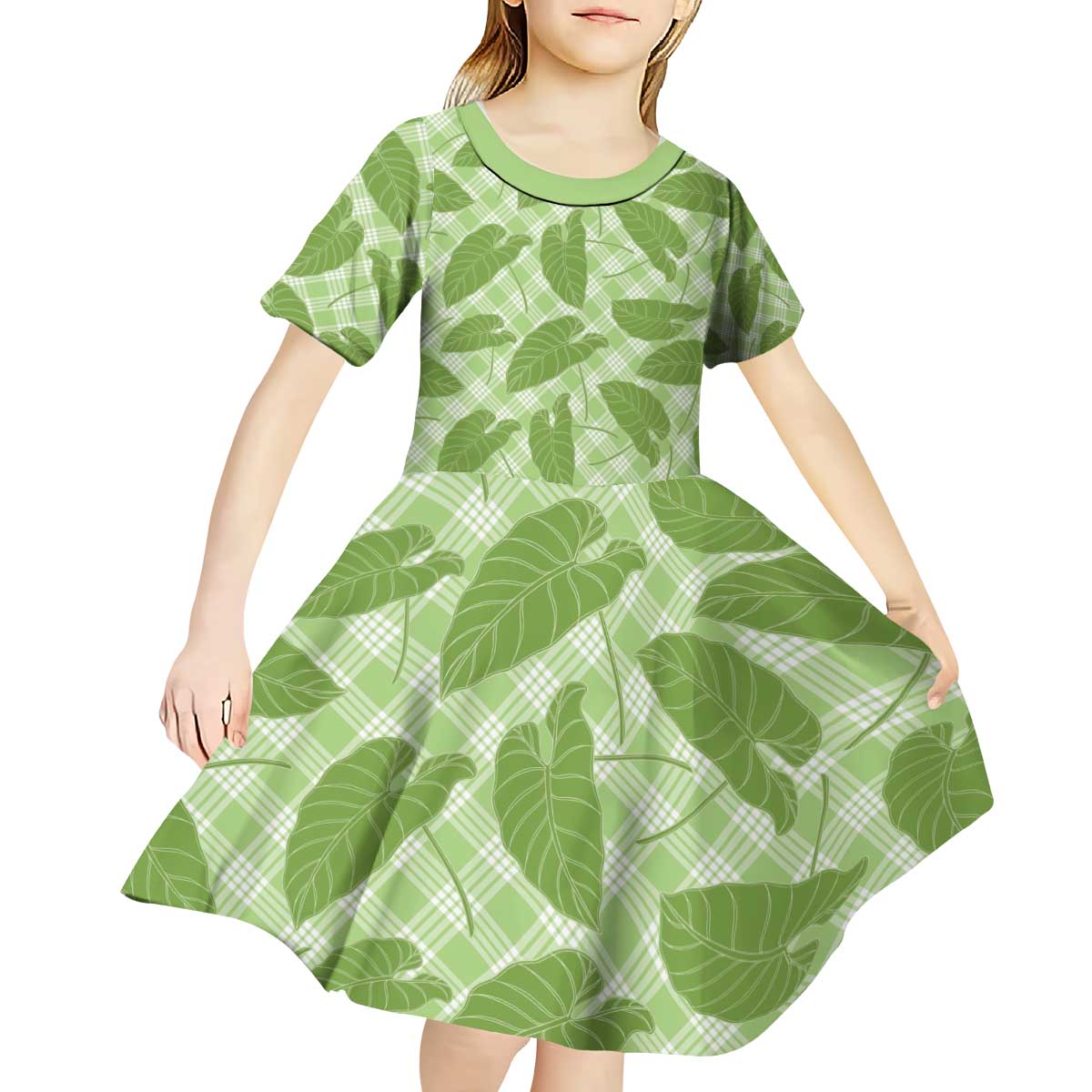 Green Hawaii Kalo Palaka Motifs Kid Short Sleeve Dress Hawaiian Taro Leaves Elegant Vibes - Polynesian Pride
