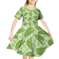 Green Hawaii Kalo Palaka Motifs Kid Short Sleeve Dress Hawaiian Taro Leaves Elegant Vibes - Polynesian Pride
