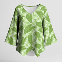 Green Hawaii Kalo Palaka Motifs Kimono Sleeve Blouse Hawaiian Taro Leaves Elegant Vibes - Polynesian Pride