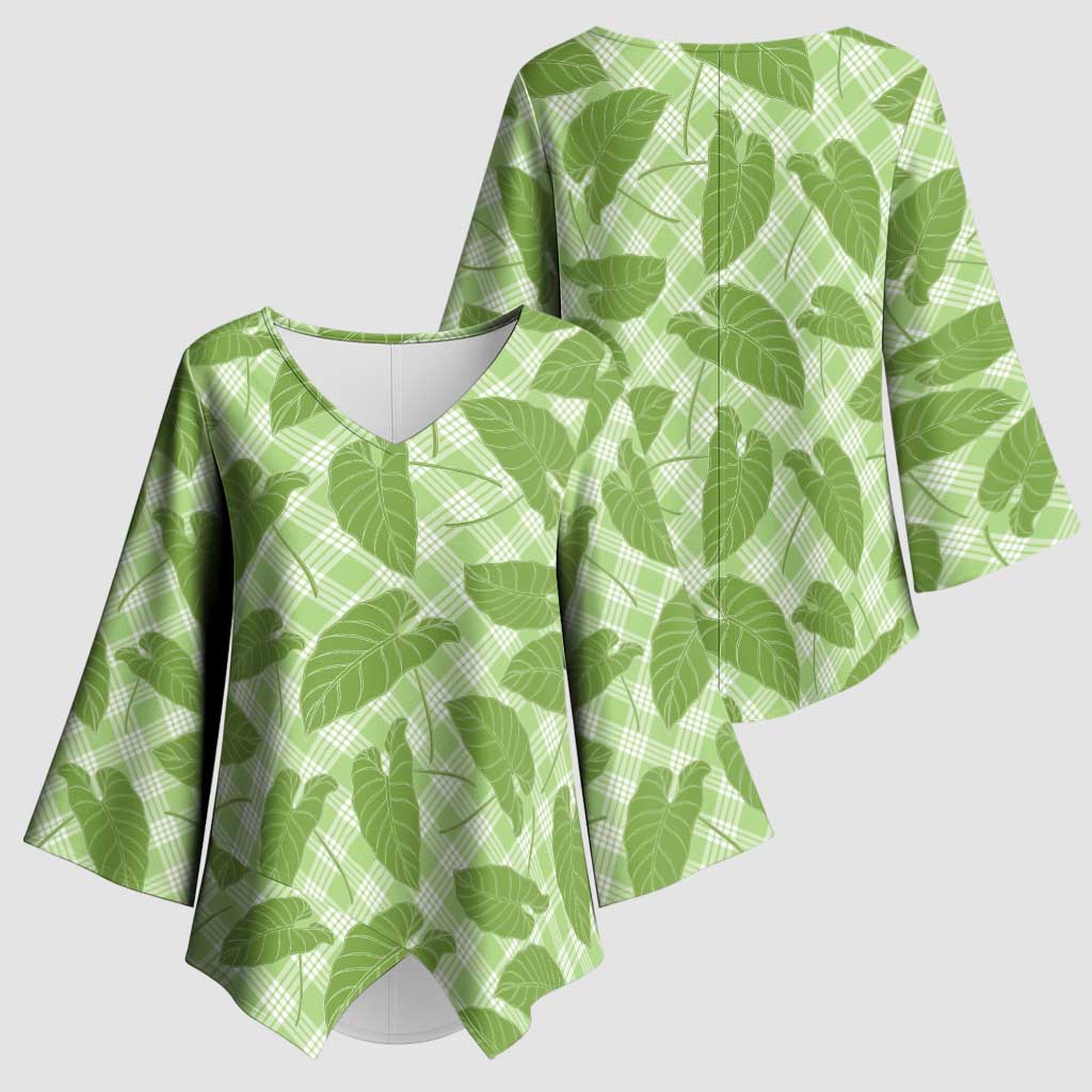 Green Hawaii Kalo Palaka Motifs Kimono Sleeve Blouse Hawaiian Taro Leaves Elegant Vibes - Polynesian Pride