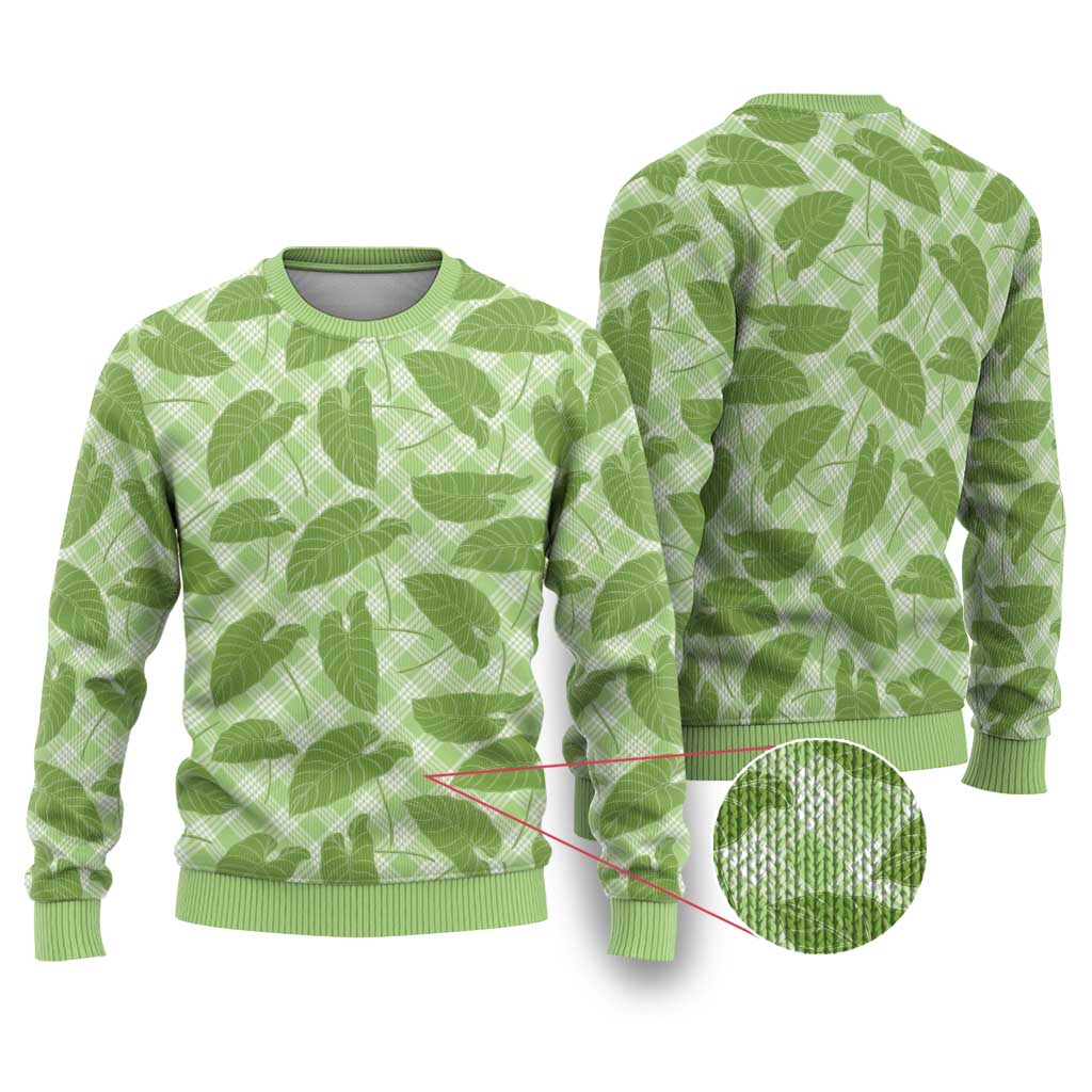 Green Hawaii Kalo Palaka Motifs Ugly Christmas Sweater Hawaiian Taro Leaves Elegant Vibes - Polynesian Pride