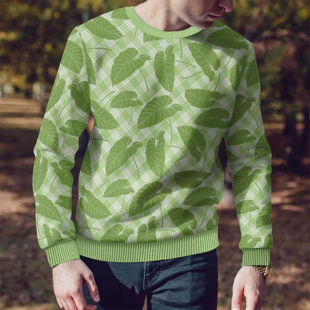 Green Hawaii Kalo Palaka Motifs Ugly Christmas Sweater Hawaiian Taro Leaves Elegant Vibes - Polynesian Pride