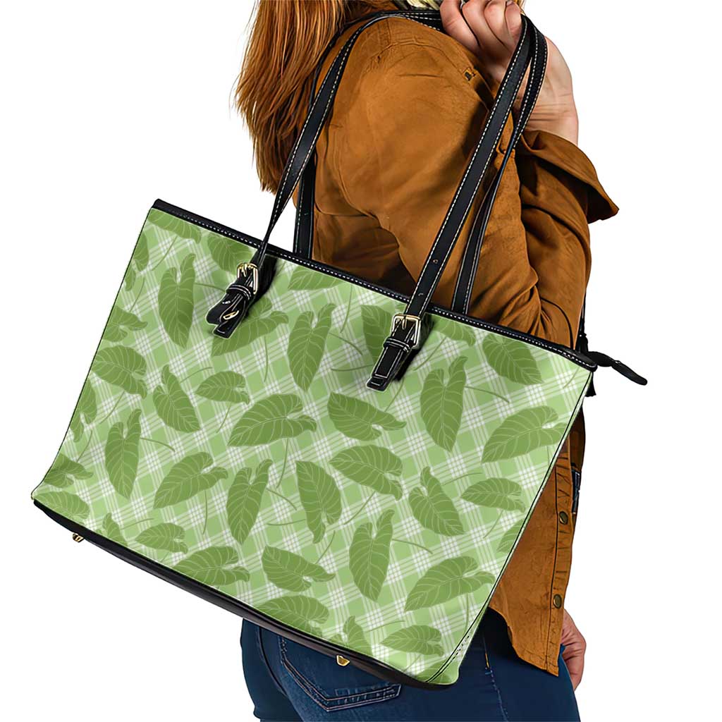 Green Hawaii Kalo Palaka Motifs Leather Tote Bag Hawaiian Taro Leaves Elegant Vibes - Polynesian Pride