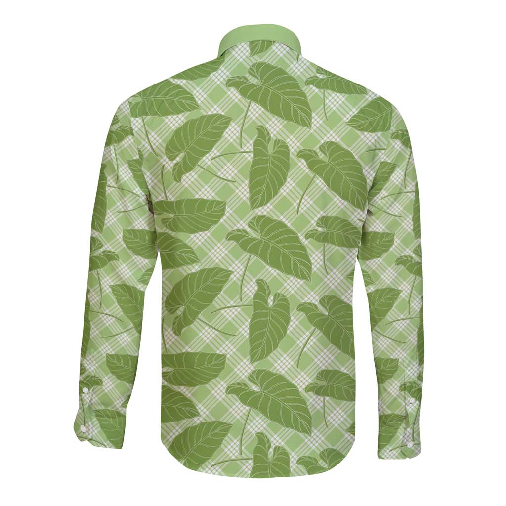 Green Hawaii Kalo Palaka Motifs Long Sleeve Button Shirt Hawaiian Taro Leaves Elegant Vibes - Polynesian Pride