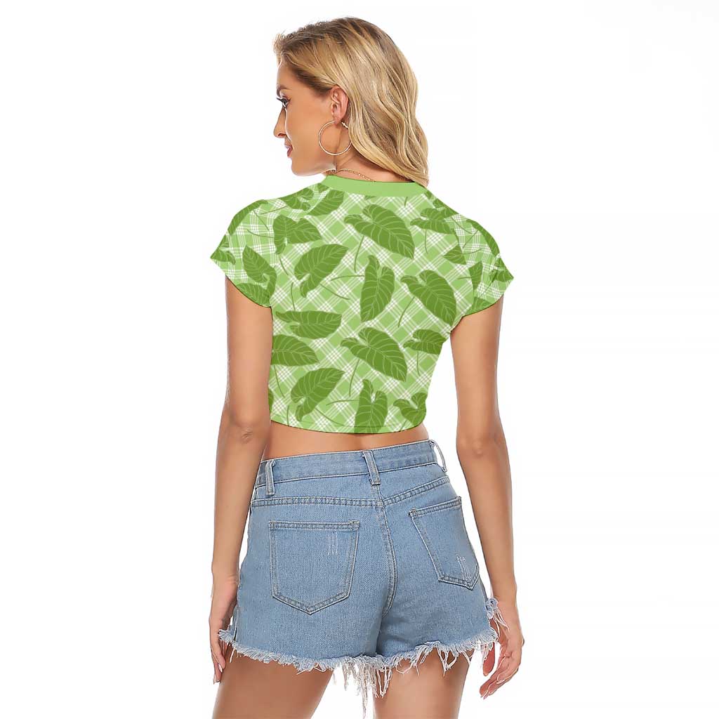 Green Hawaii Kalo Palaka Motifs Raglan Cropped T Shirt Hawaiian Taro Leaves Elegant Vibes - Polynesian Pride