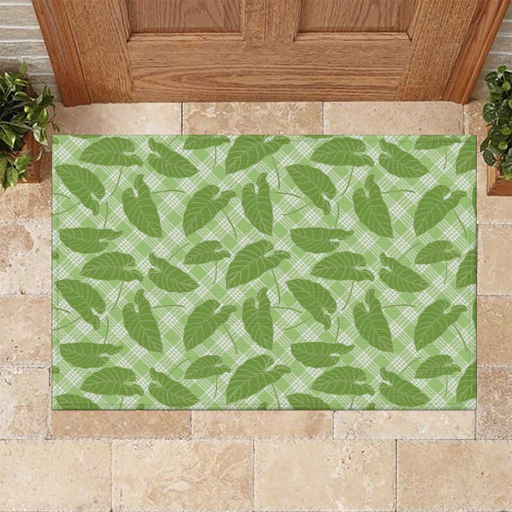 Green Hawaii Kalo Palaka Motifs Rubber Doormat Hawaiian Taro Leaves Elegant Vibes - Polynesian Pride