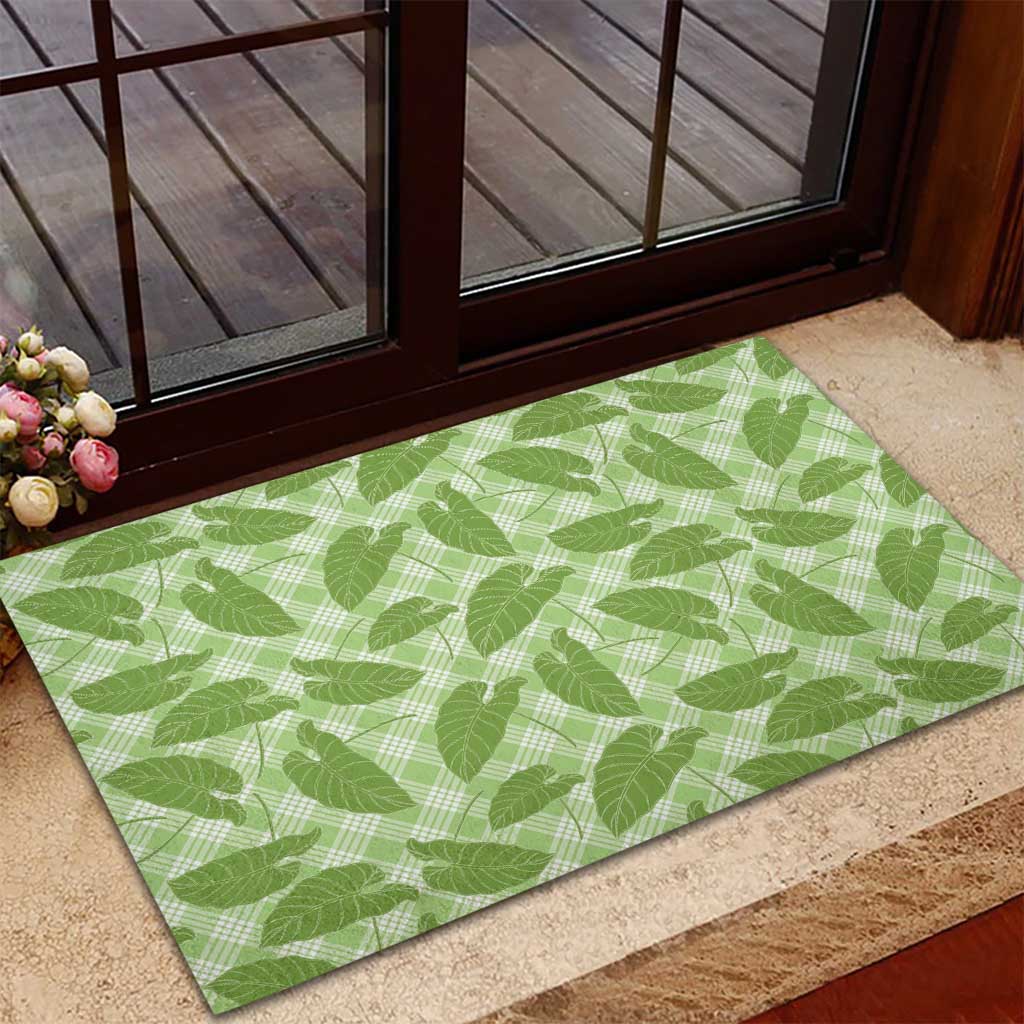 Green Hawaii Kalo Palaka Motifs Rubber Doormat Hawaiian Taro Leaves Elegant Vibes - Polynesian Pride