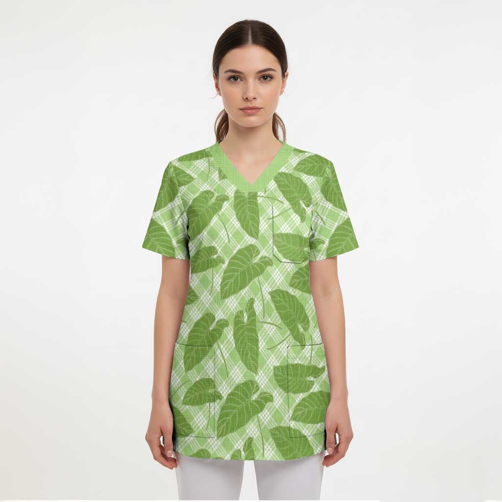 Green Hawaii Kalo Palaka Motifs Scrub Top Hawaiian Taro Leaves Elegant Vibes - Polynesian Pride