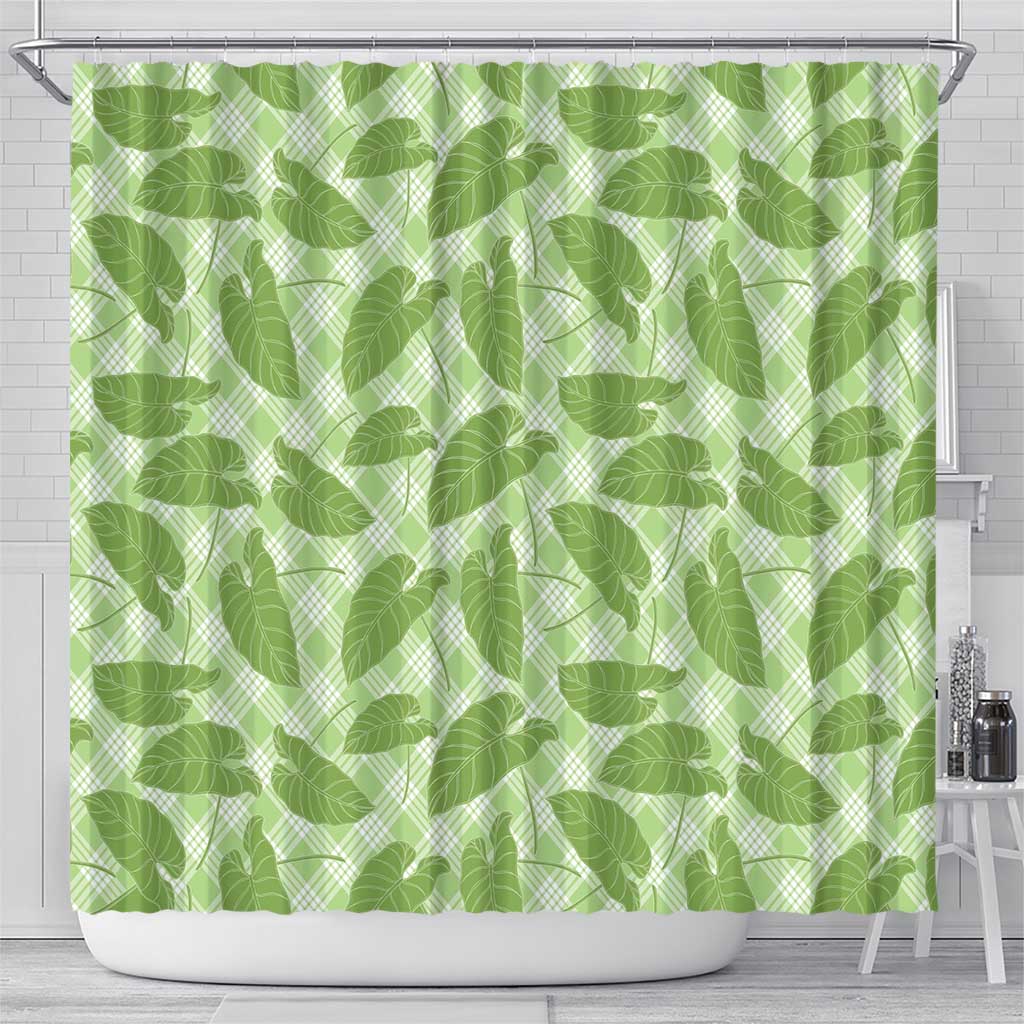 Green Hawaii Kalo Palaka Motifs Shower Curtain Hawaiian Taro Leaves Elegant Vibes - Polynesian Pride