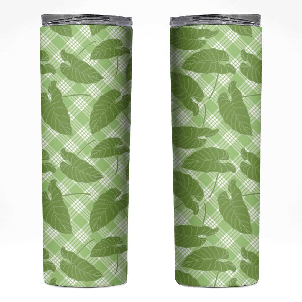 Green Hawaii Kalo Palaka Motifs Skinny Tumbler Hawaiian Taro Leaves Elegant Vibes - Polynesian Pride