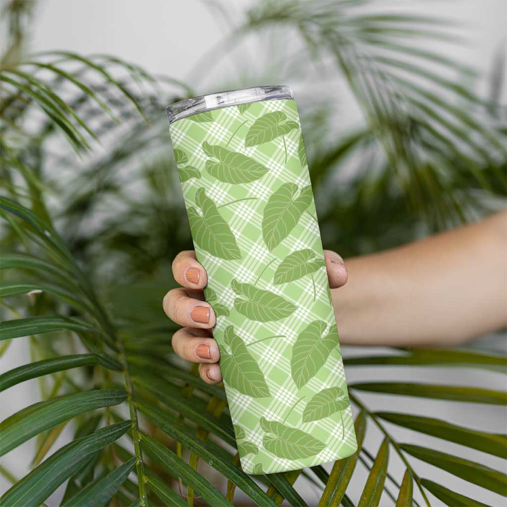 Green Hawaii Kalo Palaka Motifs Skinny Tumbler Hawaiian Taro Leaves Elegant Vibes - Polynesian Pride