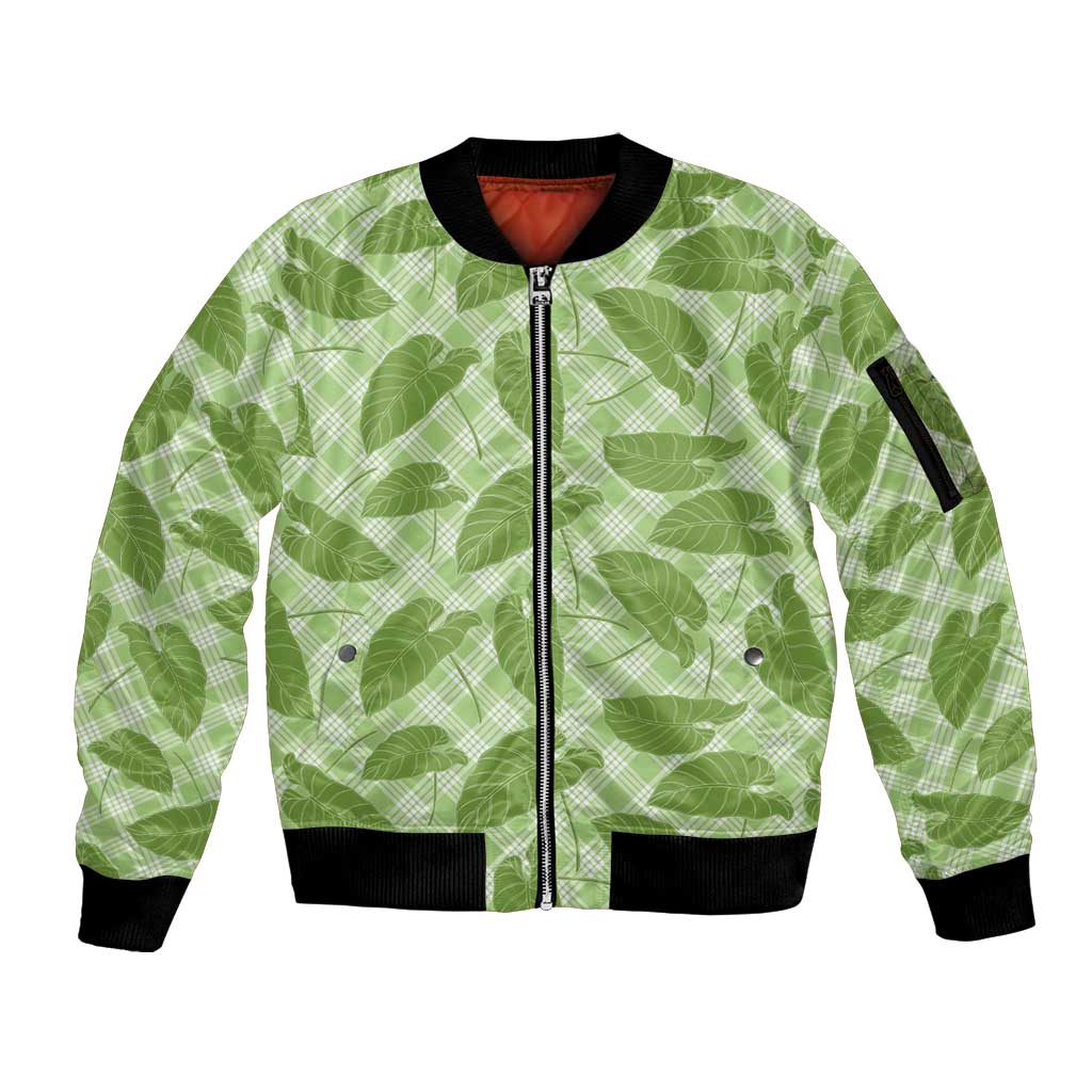 Green Hawaii Kalo Palaka Motifs Sleeve Zip Bomber Jacket Hawaiian Taro Leaves Elegant Vibes - Polynesian Pride