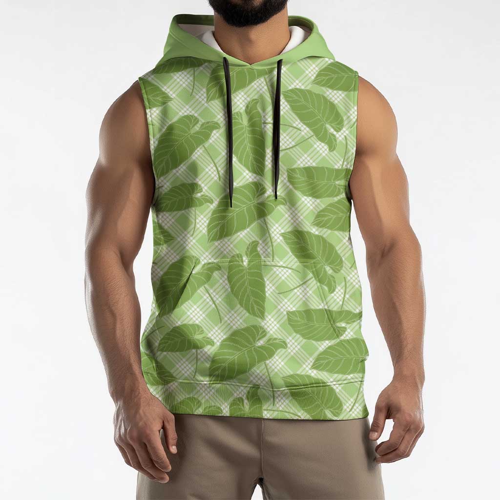 Green Hawaii Kalo Palaka Motifs Sleeveless Hoodie Hawaiian Taro Leaves Elegant Vibes - Polynesian Pride