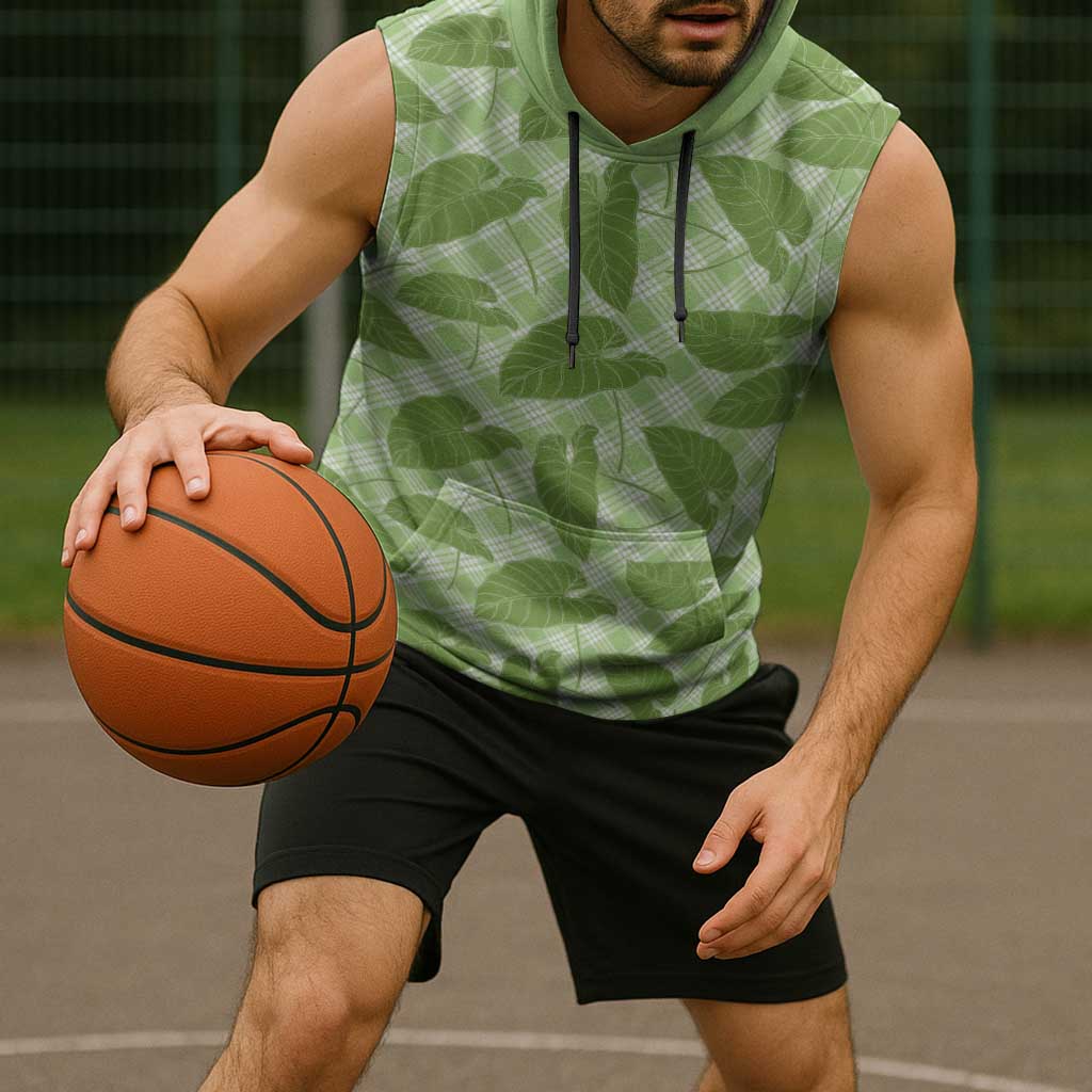 Green Hawaii Kalo Palaka Motifs Sleeveless Hoodie Hawaiian Taro Leaves Elegant Vibes - Polynesian Pride