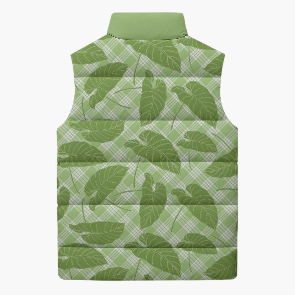 Green Hawaii Kalo Palaka Motifs Sleeveless Puffer Jacket Hawaiian Taro Leaves Elegant Vibes - Polynesian Pride