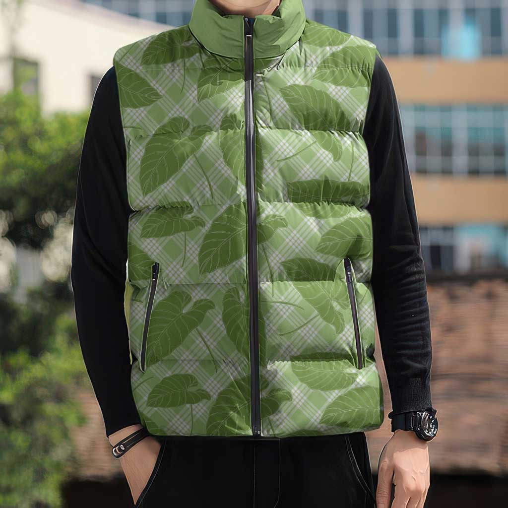 Green Hawaii Kalo Palaka Motifs Sleeveless Puffer Jacket Hawaiian Taro Leaves Elegant Vibes - Polynesian Pride