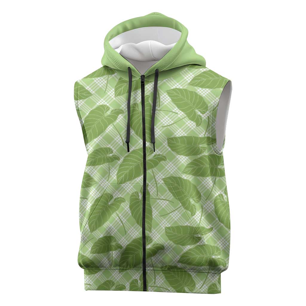 Green Hawaii Kalo Palaka Motifs Sleeveless Zip Hoodie Hawaiian Taro Leaves Elegant Vibes - Polynesian Pride
