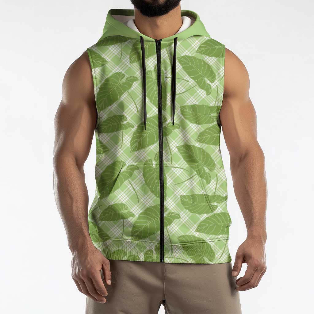 Green Hawaii Kalo Palaka Motifs Sleeveless Zip Hoodie Hawaiian Taro Leaves Elegant Vibes - Polynesian Pride
