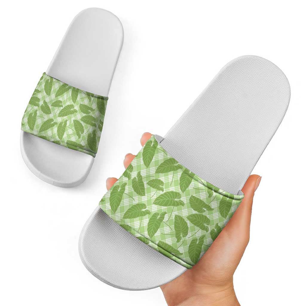 Green Hawaii Kalo Palaka Motifs Slide Sandals Hawaiian Taro Leaves Elegant Vibes - Polynesian Pride