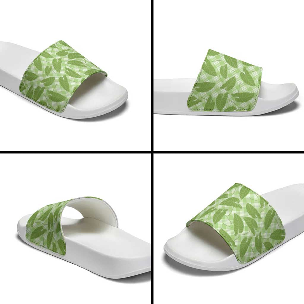 Green Hawaii Kalo Palaka Motifs Slide Sandals Hawaiian Taro Leaves Elegant Vibes - Polynesian Pride