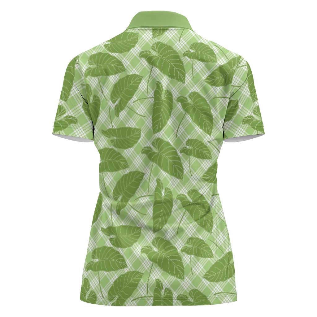 Green Hawaii Kalo Palaka Motifs Women Polo Shirt Hawaiian Taro Leaves Elegant Vibes - Polynesian Pride