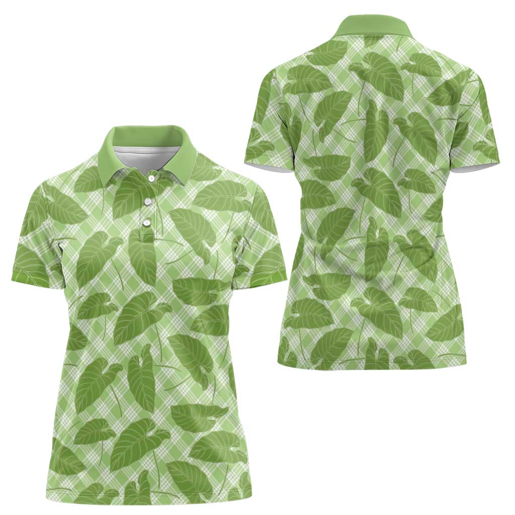 Green Hawaii Kalo Palaka Motifs Women Polo Shirt Hawaiian Taro Leaves Elegant Vibes - Polynesian Pride