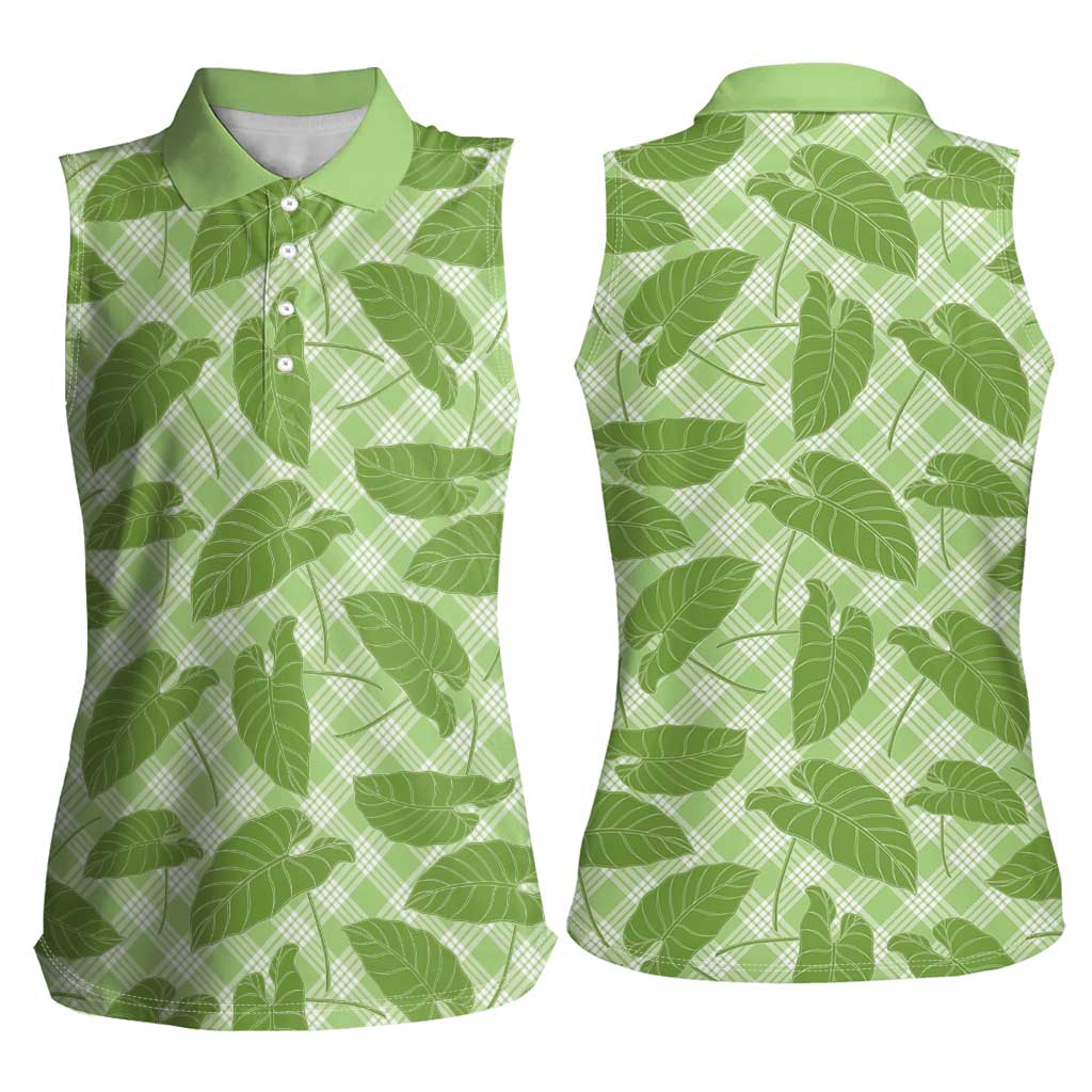 Green Hawaii Kalo Palaka Motifs Women Sleeveless Polo Shirt Hawaiian Taro Leaves Elegant Vibes - Polynesian Pride