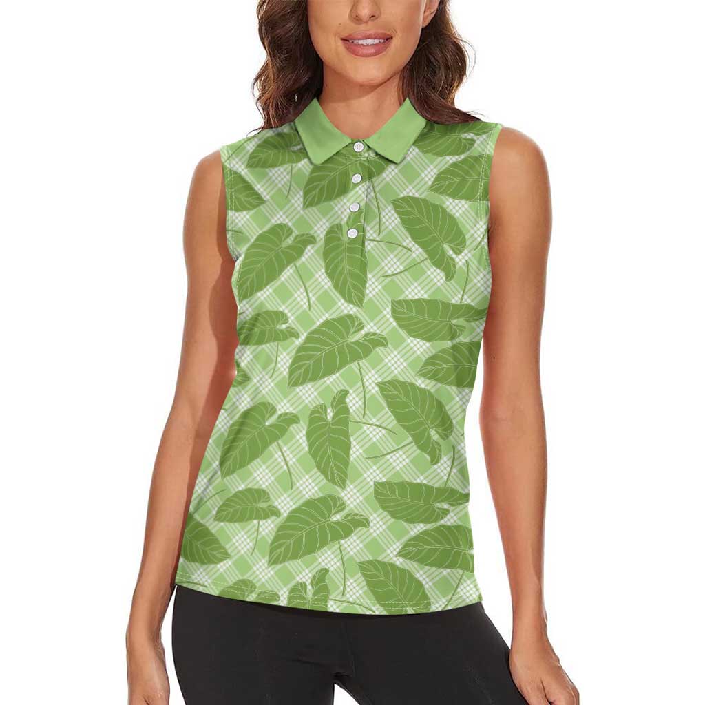 Green Hawaii Kalo Palaka Motifs Women Sleeveless Polo Shirt Hawaiian Taro Leaves Elegant Vibes - Polynesian Pride