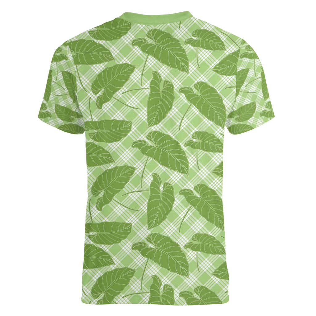 Green Hawaii Kalo Palaka Motifs Women V-Neck T-Shirt Hawaiian Taro Leaves Elegant Vibes - Polynesian Pride