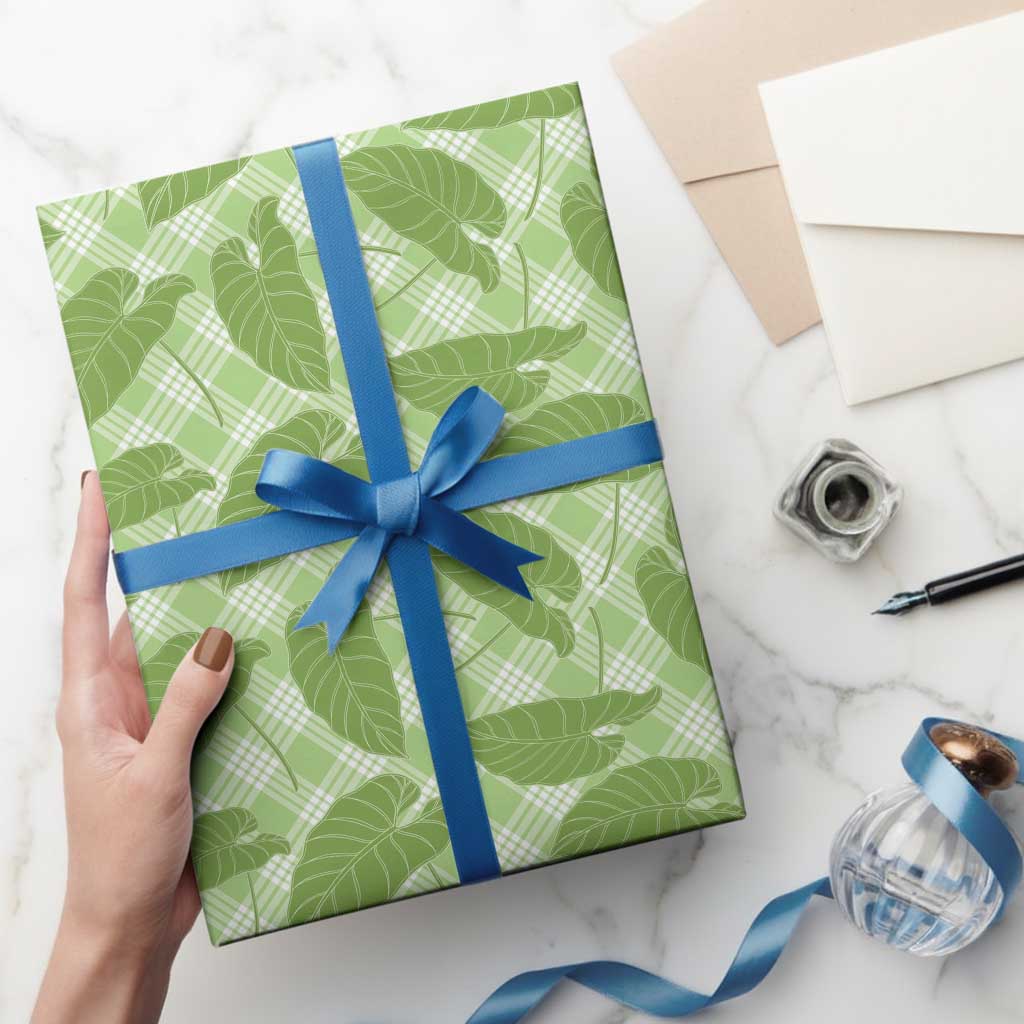 Green Hawaii Kalo Palaka Motifs Wrapping Paper Hawaiian Taro Leaves Elegant Vibes - Polynesian Pride
